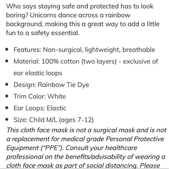 2 FOR $10 Rainbow unicorn cotton face mask - Picture 15 of 16